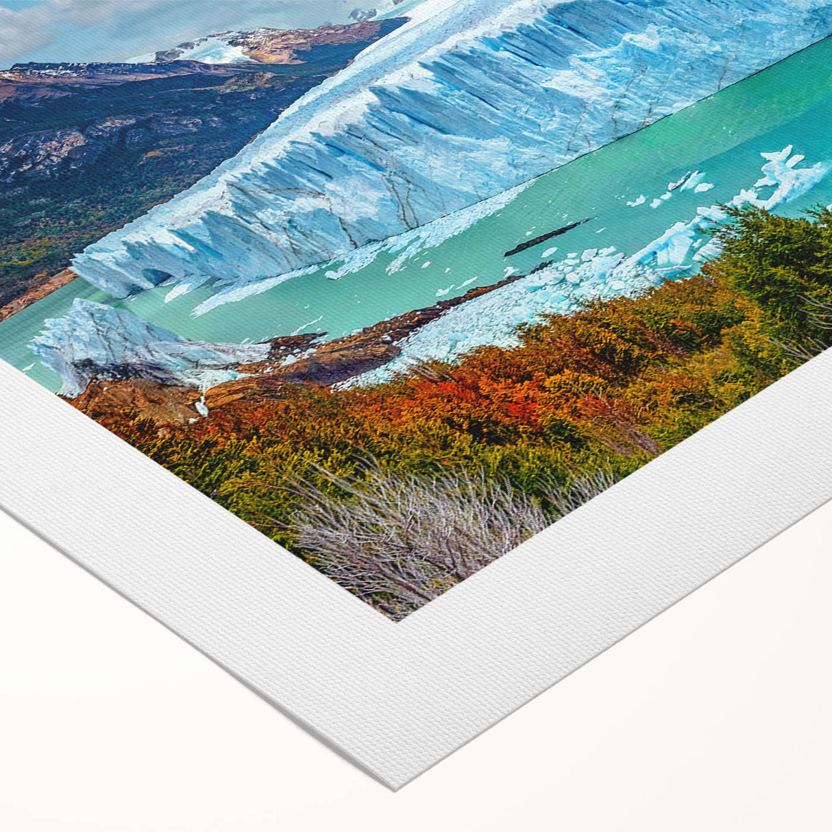 Stunning rolled canvas artwork showcasing a serene iceberg landscape design, featuring vibrant blues and whites, perfect for home decor or office aesthetics.