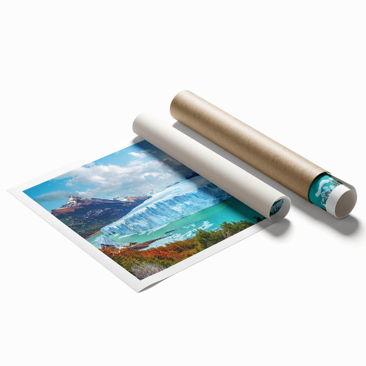 Stunning rolled print of a scenic iceberg landscape design, showcasing vibrant blues and whites, ideal for modern home decor, elegantly packaged for delivery.