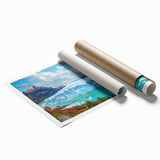 Stunning rolled print of a scenic iceberg landscape design, showcasing vibrant blues and whites, ideal for modern home decor, elegantly packaged for delivery.