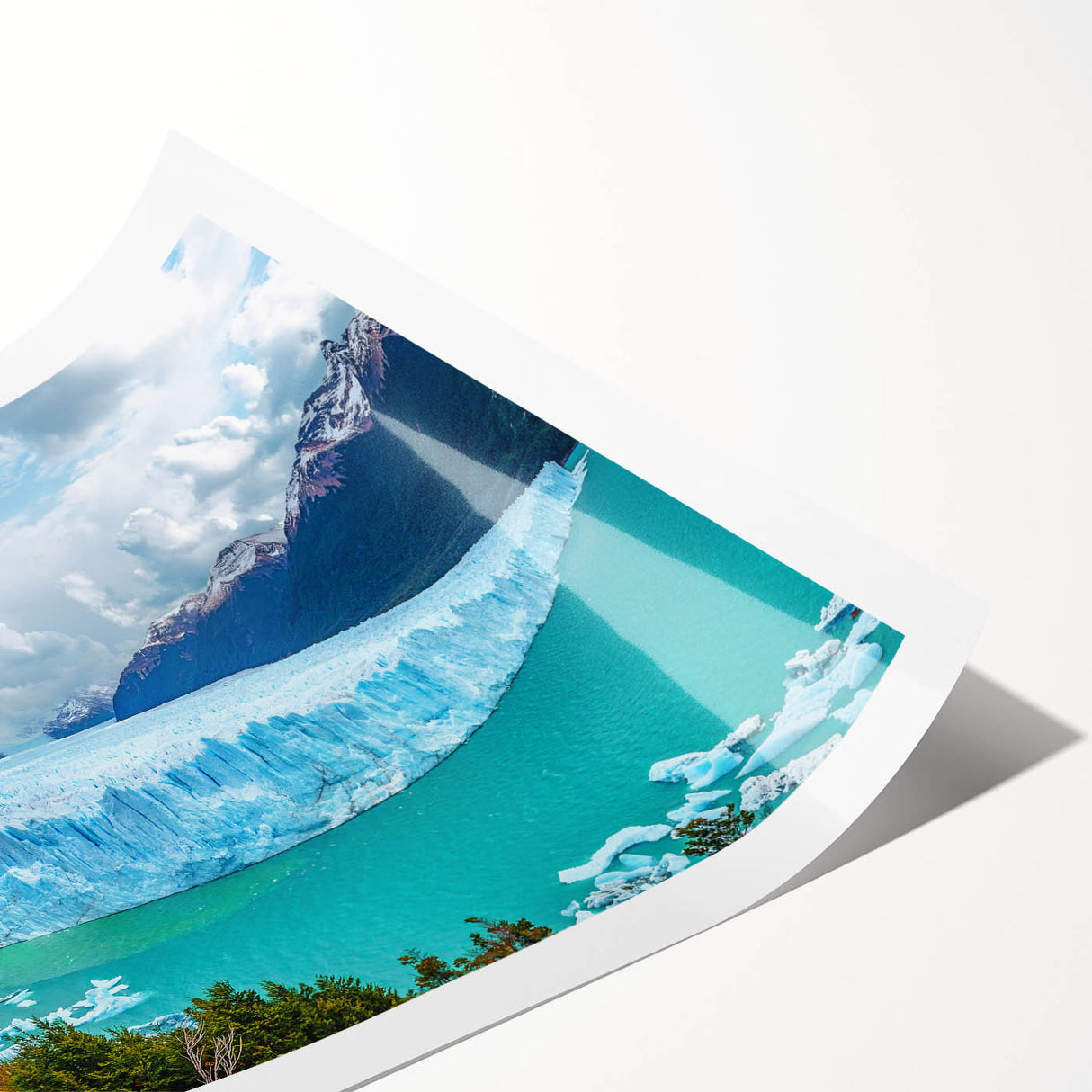 Stunning rolled print showcasing a vibrant iceberg landscape design in cool blues and whites, perfect for modern home decor. Packaged securely in a cardboard tube for easy transport.