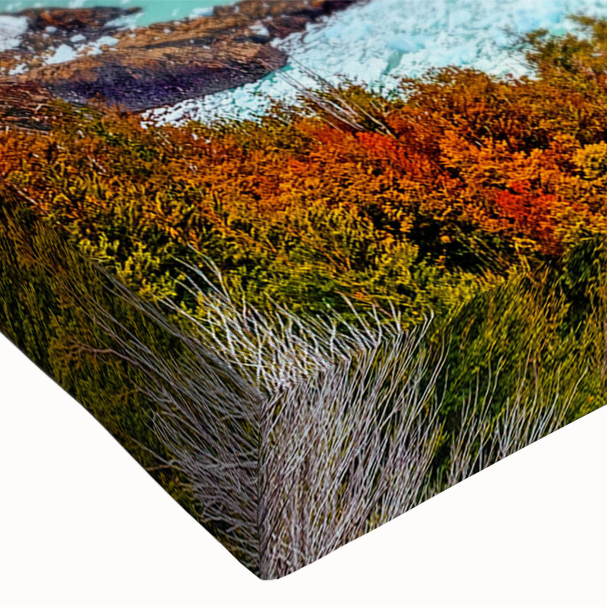 Close-up of a stretched canvas artwork showcasing a vibrant iceberg landscape design, emphasizing intricate details and textures, ideal for modern home decor.