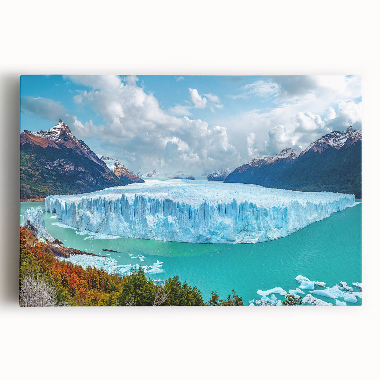 Stretched canvas wall art showcasing a vibrant iceberg landscape design with rich blue hues, perfect for modern home decor, enhancing any living space.