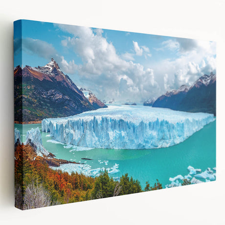 Stretched canvas wall art showcasing a stunning iceberg landscape design, featuring vibrant blues and whites, perfect for modern home decor.