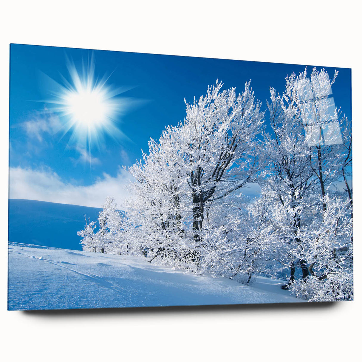 Acrylic glass wall art featuring a stunning iceberg landscape design, showcasing vibrant blues and whites, elegantly displayed in a side view without pins, perfect for modern decor.