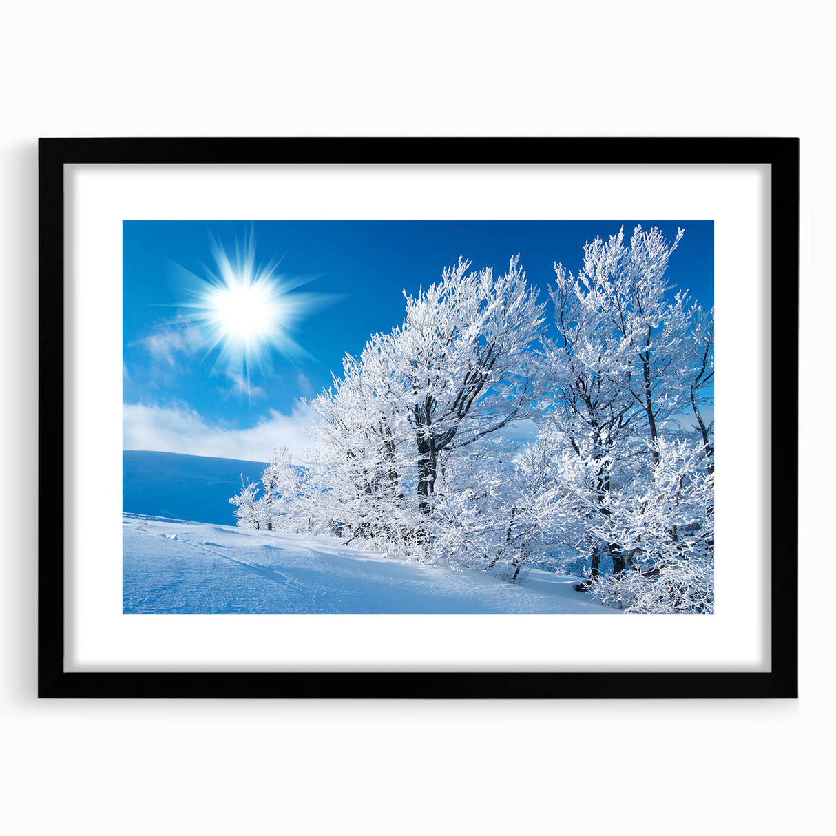 Framed wall art featuring a stunning iceberg landscape design, showcasing cool blue and white hues, perfect for modern home decor. The matte black frame enhances the visual appeal, making it an elegant addition to any room.