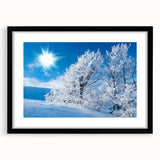 Framed wall art featuring a stunning iceberg landscape design, showcasing cool blue and white hues, perfect for modern home decor. The matte black frame enhances the visual appeal, making it an elegant addition to any room.