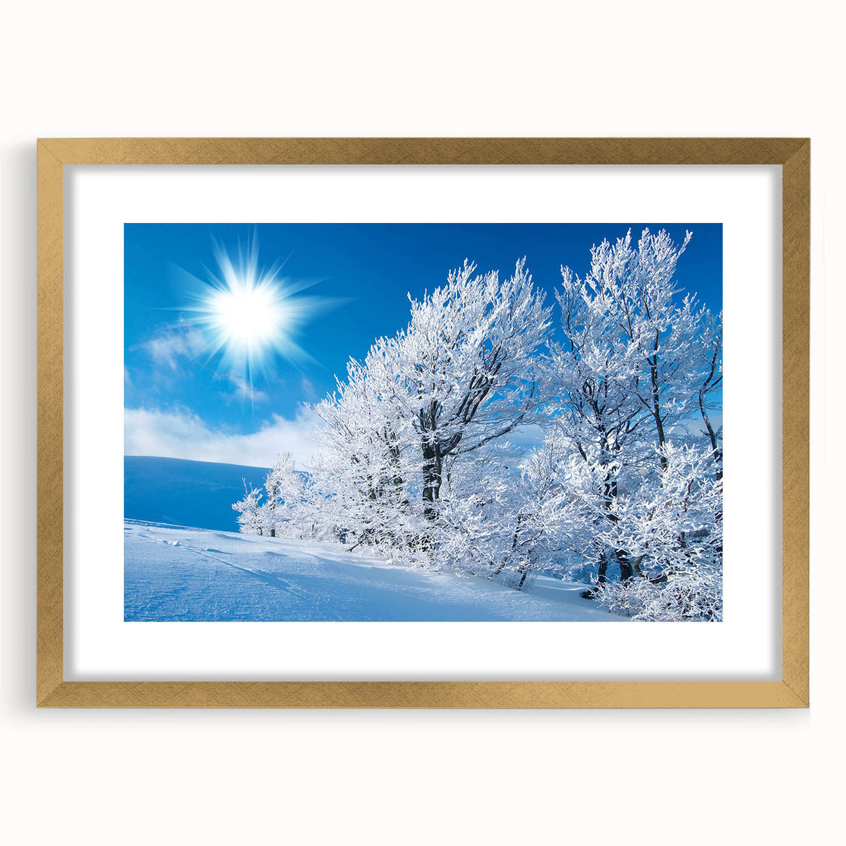 Framed wall art showcasing a stunning iceberg landscape design with a gold mat, perfect for modern home decor. Ideal for adding elegance to any space.