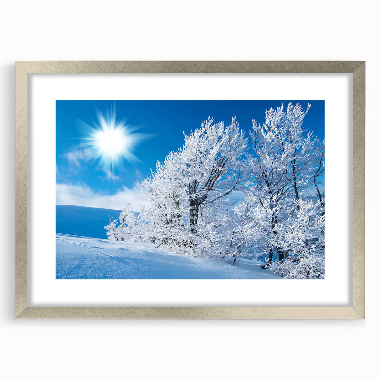 Framed wall art featuring a stunning iceberg landscape design with a silver mat, perfect for modern home décor. Ideal for adding a serene touch to living spaces.