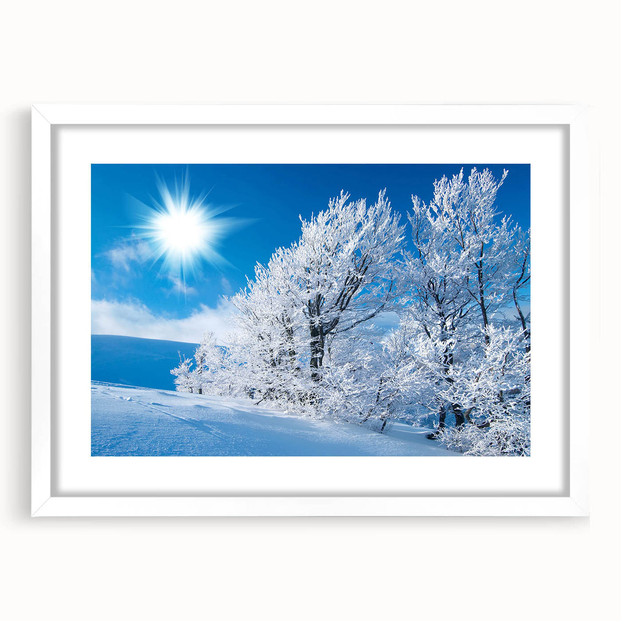 Framed wall art featuring a stunning iceberg landscape design in a white mat and frame, perfect for enhancing modern home decor with a touch of tranquility.