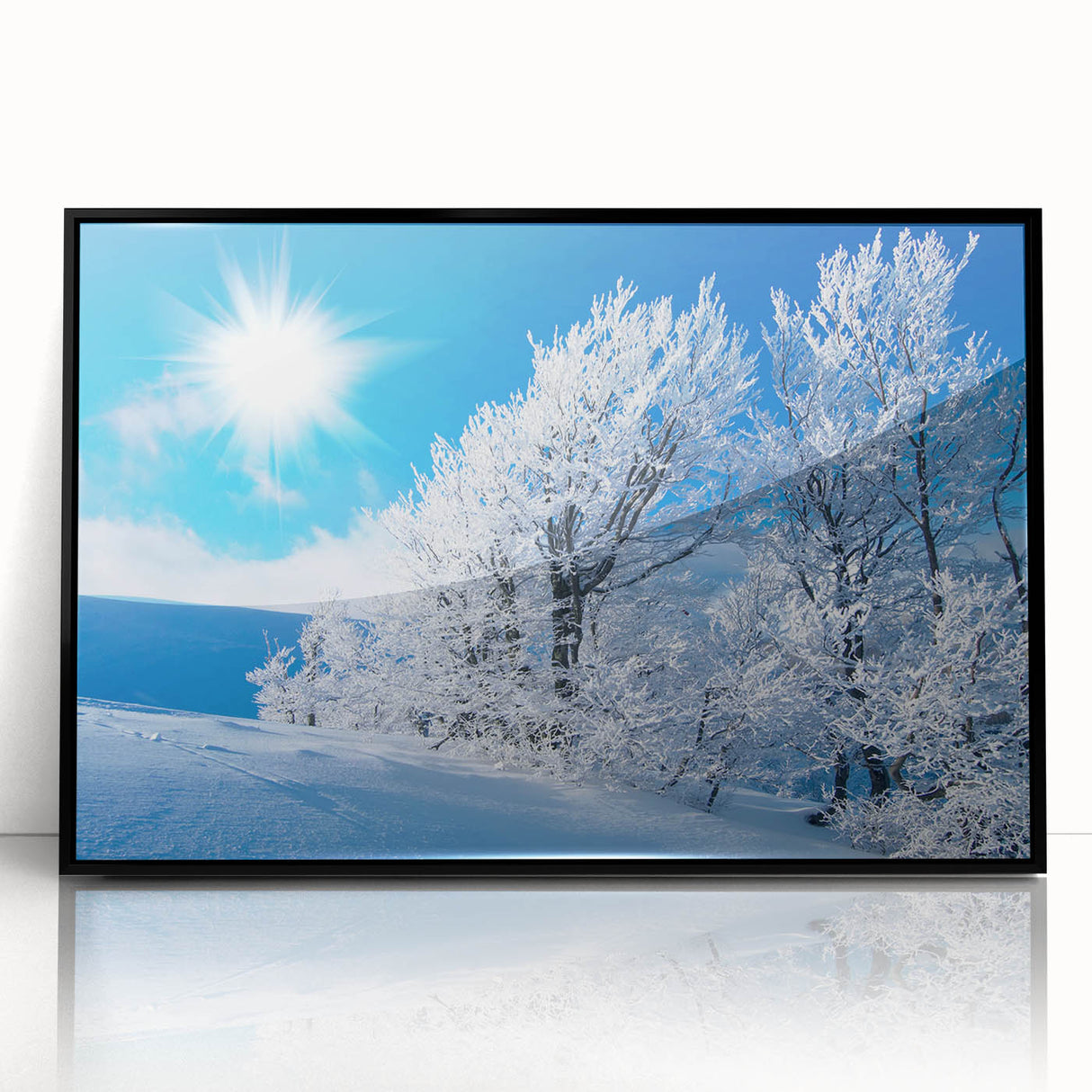 Framed acrylic wall art featuring a striking iceberg design, showcasing cool blue tones and intricate details, perfect for modern home decor.