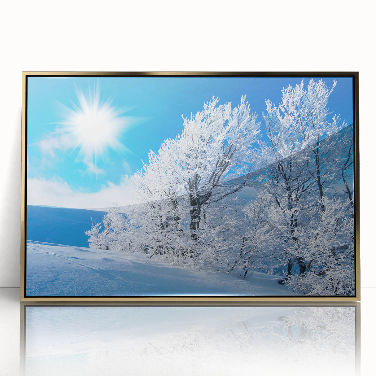 Framed acrylic wall art featuring a vibrant iceberg design in shades of blue and white, elegantly showcased with a gold frame, ideal for modern decor.