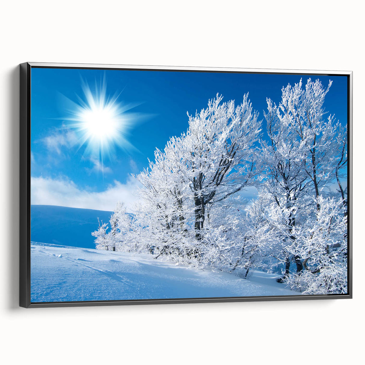 Framed canvas wall art showcasing a striking iceberg design with intricate details, set against a black background, ideal for modern home decor.