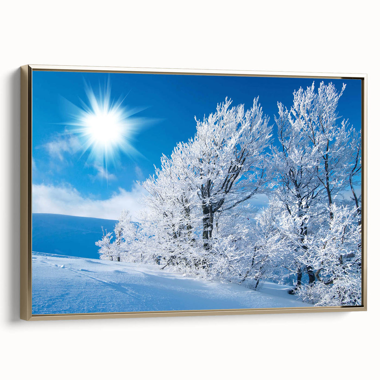 Framed canvas wall art depicting a stunning iceberg landscape design with gold accents, showcasing a side view that highlights the intricate details and textures. Perfect for modern home decor.