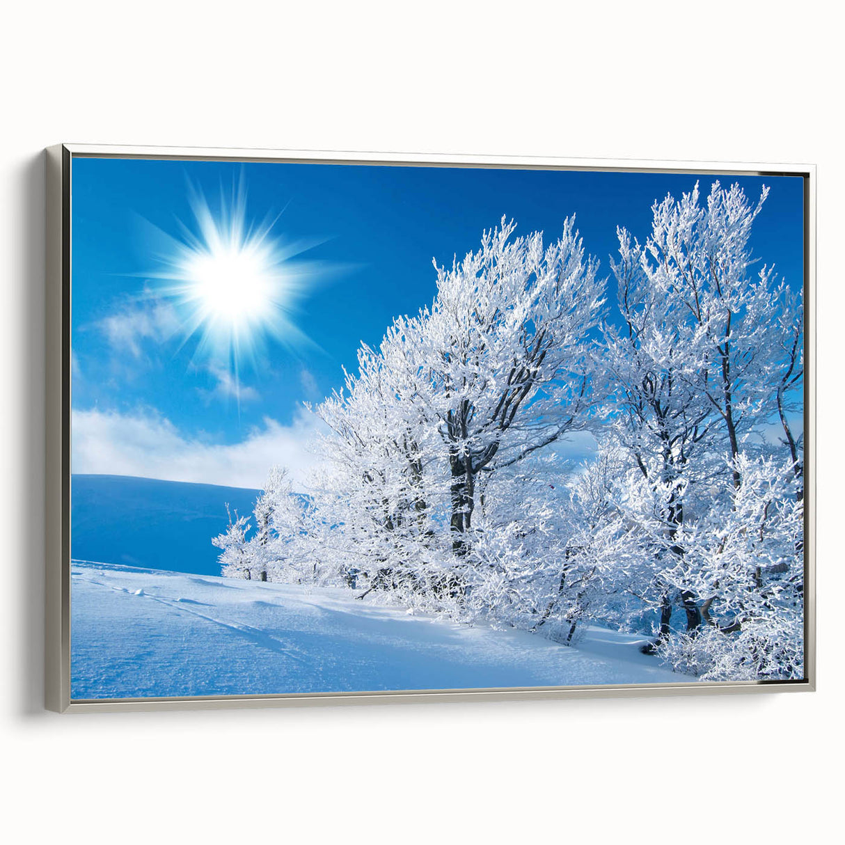 Framed canvas wall art showcasing a stunning iceberg landscape design with vibrant blues and whites, presented in a sleek silver frame, perfect for modern decor.