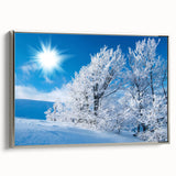 Framed canvas wall art showcasing a stunning iceberg landscape design with vibrant blues and whites, presented in a sleek silver frame, perfect for modern decor.