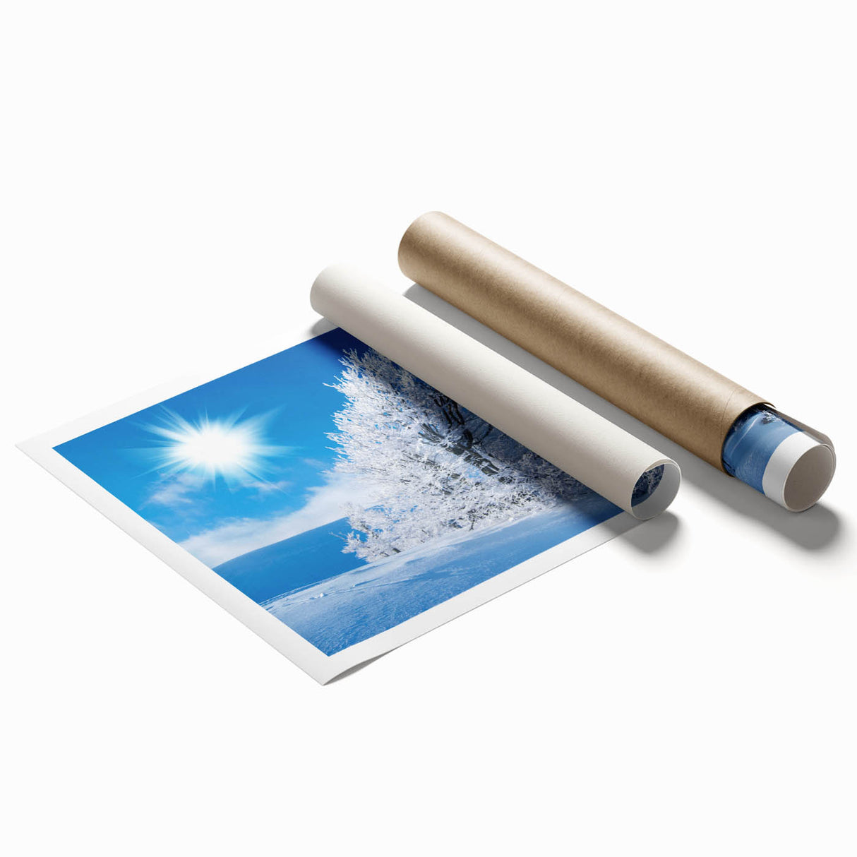 Stunning wall art print featuring a serene iceberg landscape design, showcasing shades of blue and white with intricate details, rolled for easy framing and display.