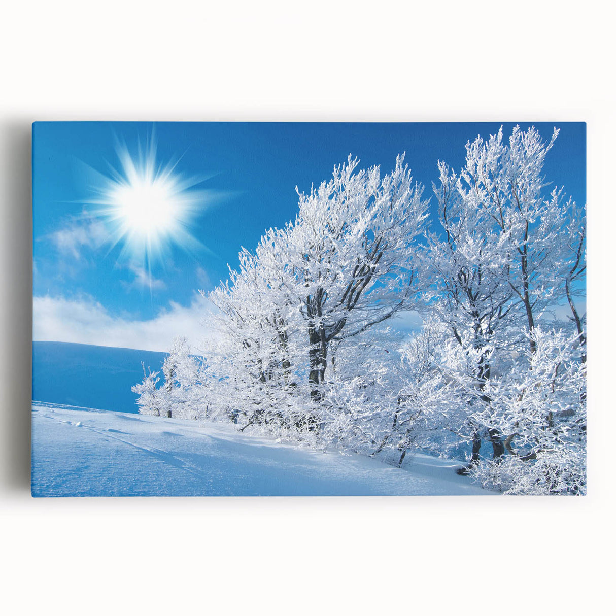 Stretched canvas wall art showcasing a stunning iceberg landscape design, featuring rich blues and whites, ideal for home decor and nature enthusiasts.