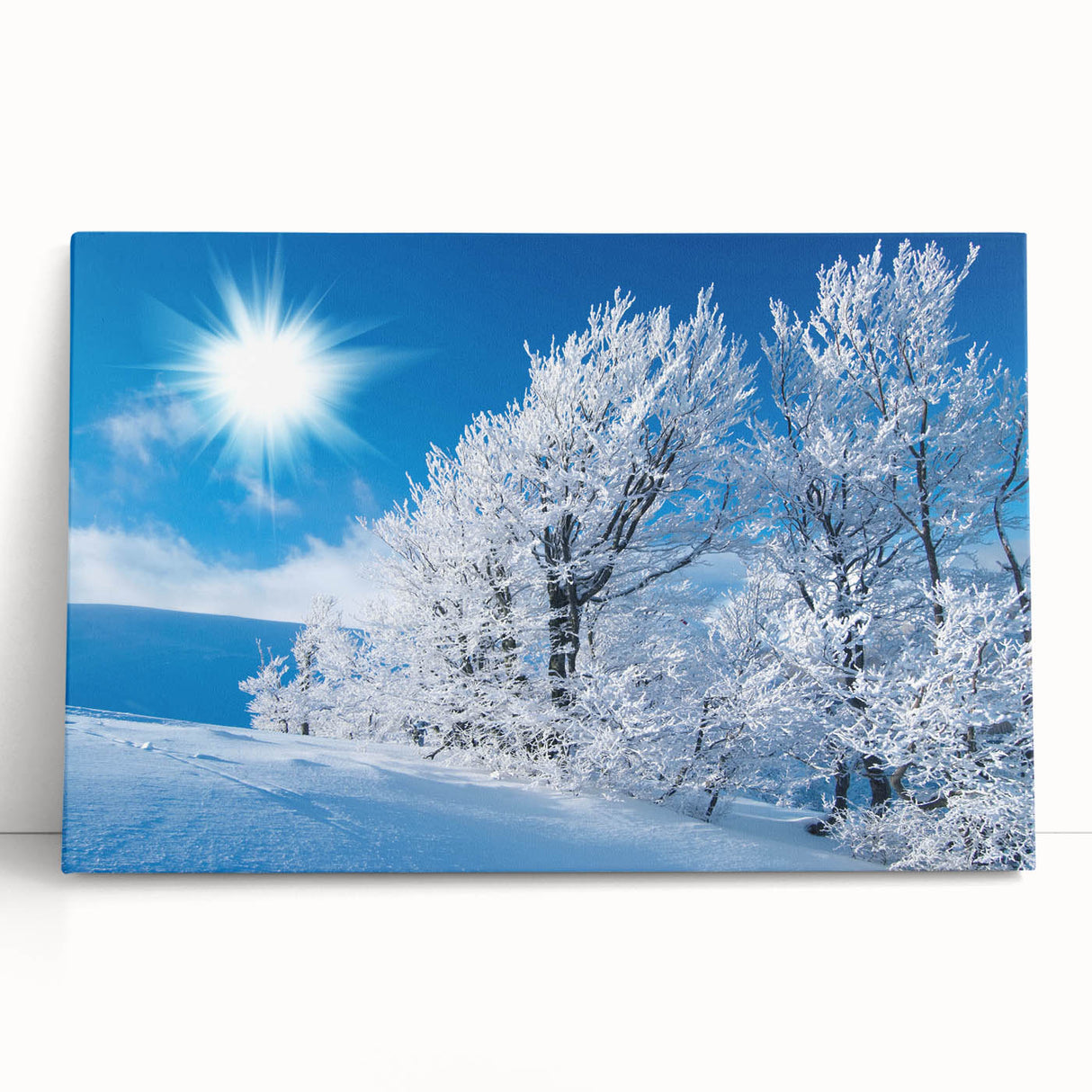 Stretched canvas artwork showcasing a serene iceberg landscape design, featuring cool blue and white tones, perfect for modern home decor. Ideal for adding a calming touch to any space.