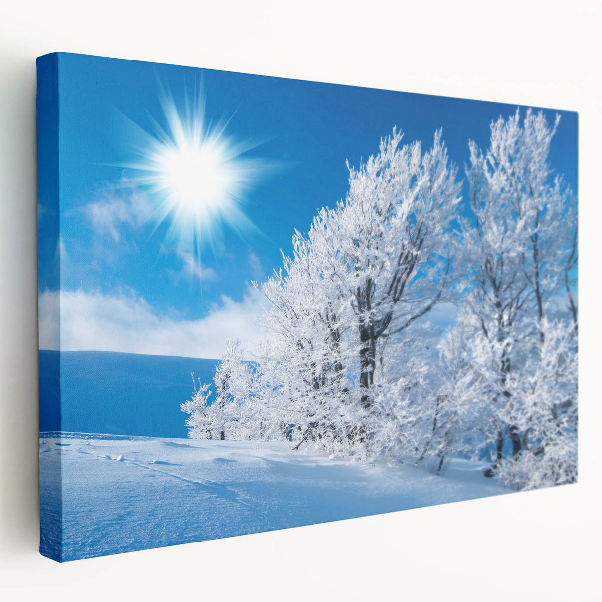 Stretched canvas wall art showcasing a stunning iceberg landscape design in vibrant blue and white hues, ideal for modern home decor. Perfect for adding a serene, nature-inspired touch to any room.
