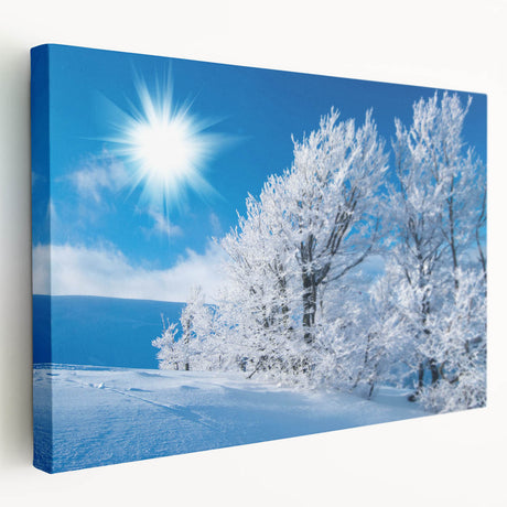 Stretched canvas wall art showcasing a stunning iceberg landscape design in vibrant blue and white hues, ideal for modern home decor. Perfect for adding a serene, nature-inspired touch to any room.
