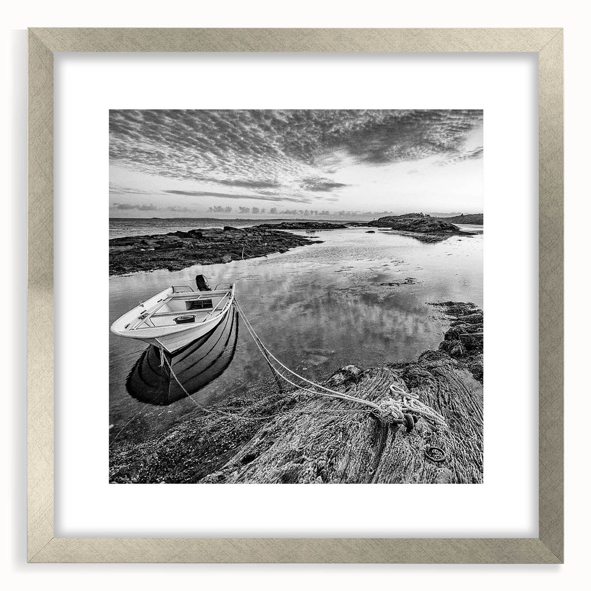 Framed landscape wall art design showcasing serene lakes, surrounded by a sleek silver frame with matting, ideal for modern home decor and aesthetic enhancement.