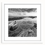 Framed wall art featuring a serene landscape of a tranquil lake surrounded by lush greenery, presented in a white mat for an elegant finish, ideal for home decor.