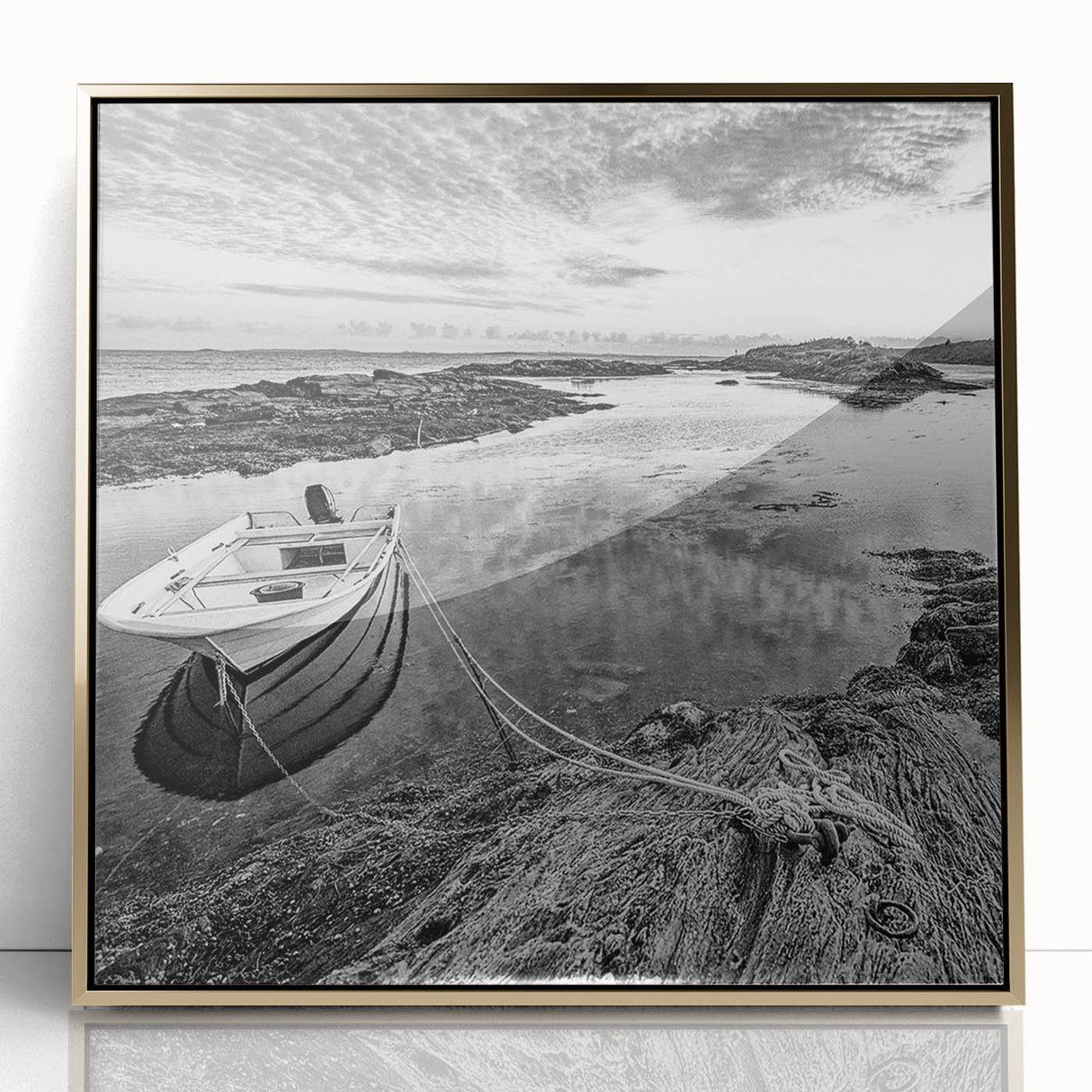 Framed wall art collection showcasing a serene lakeside landscape design with vibrant colors and gold accents, enhancing any modern decor.