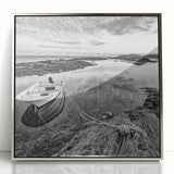 Framed acrylic wall art showcasing a serene lake landscape design, featuring silver accents and a modern aesthetic, perfect for enhancing home decor.