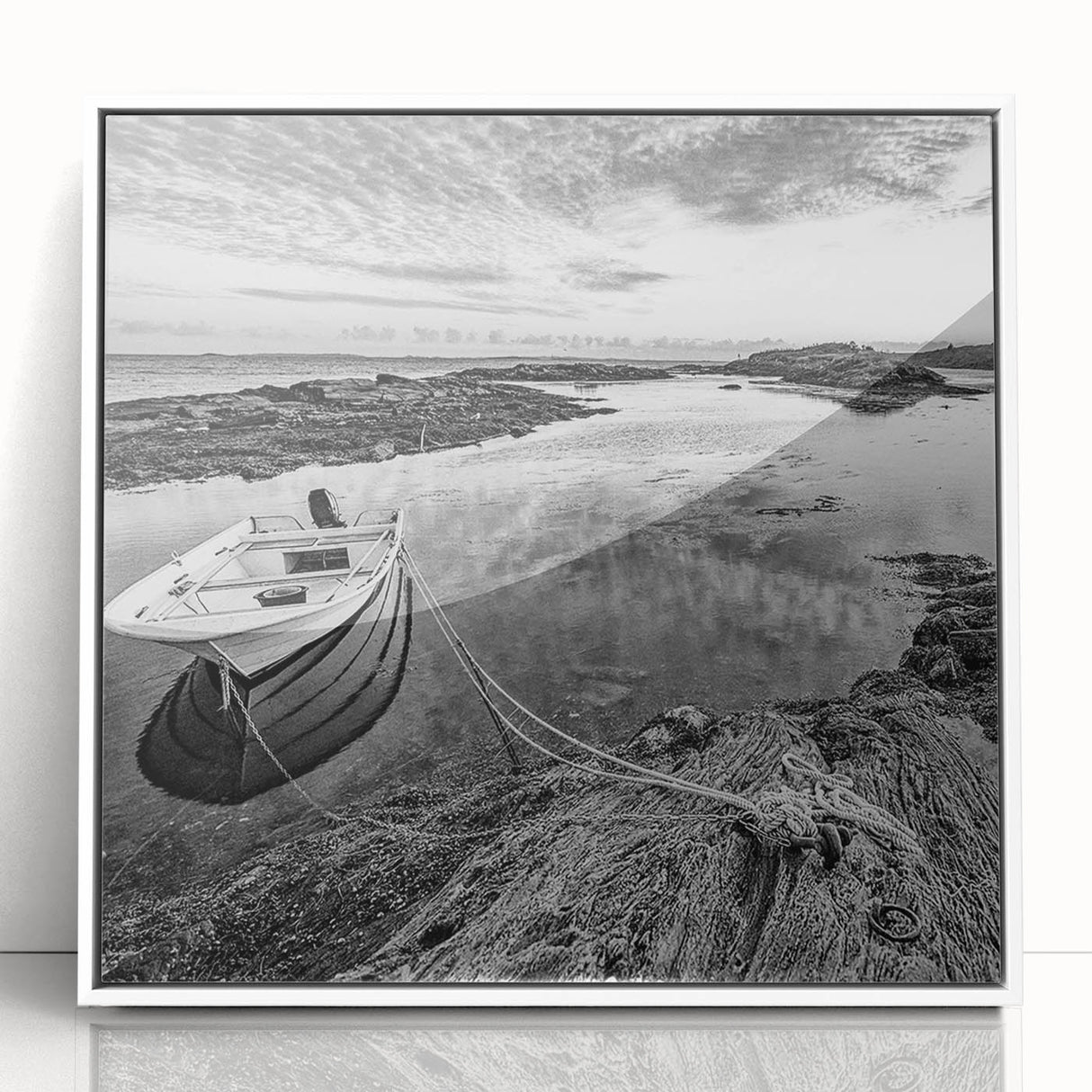 Framed wall art featuring a serene landscape of a tranquil lake surrounded by lush trees, with a sleek white frame, perfect for home decor and nature enthusiasts.