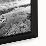 Framed canvas close-up depicting a serene lake landscape with vibrant blues and greens, enhanced by a modern design and intricate details, ideal for home decor.