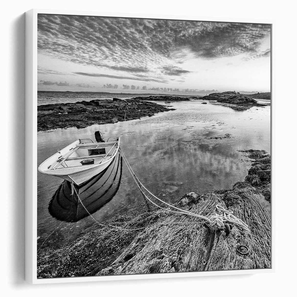 Framed canvas wall art showcasing a serene lake landscape in soft blues and greens, designed to enhance home decor with a calming aesthetic.