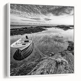 Framed canvas wall art showcasing a serene lake landscape in soft blues and greens, designed to enhance home decor with a calming aesthetic.