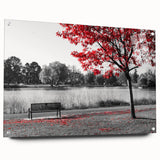 Acrylic glass wall art featuring a serene lakeside landscape design, showcasing vivid colors and intricate details, displayed in a modern setting with decorative pins.