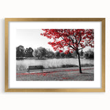 Framed wall art collection depicting serene lake landscapes with gold accents, perfect for home decor. Features a stylish mat and elegant design elements.