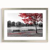 Framed wall art showcasing a serene lakeside landscape design, featuring a silver frame and matting, ideal for enhancing home decor with a touch of nature.