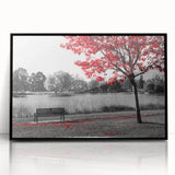 Framed acrylic wall art showcasing a tranquil lakeside landscape with vibrant colors, set in a sleek black frame, ideal for home decor enhancement.