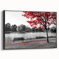 Framed canvas wall art featuring a serene lakeside landscape with vibrant colors, showcasing a black frame and highlighting natural beauty in a stylish setting.