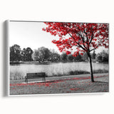 Framed canvas wall art showcasing a serene lake landscape design, featuring vibrant colors and a white frame, ideal for home decor in modern settings.