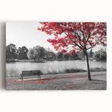 Stretched canvas wall art showcasing a serene lake landscape with vibrant colors, ideal for home decor. The artwork captures tranquil water reflections and lush greenery.