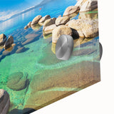 Close-up of a vibrant acrylic glass wall art piece showcasing a serene lakeside landscape design, featuring rich blues and greens, ideal for home decor.