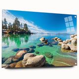 Acrylic glass wall art showcasing a serene lake landscape, featuring vibrant colors and intricate details, elegantly displayed with pins on a neutral background. Perfect for home decor enthusiasts seeking nature-inspired designs.