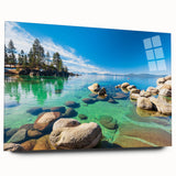 Acrylic glass wall art piece showcasing a serene landscape with a tranquil lake and lush greenery, viewed from the side without mounting pins, ideal for modern decor.