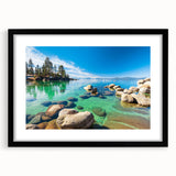 Framed black wall art featuring serene landscape and lake design, perfect for home decor, showcasing a modern aesthetic with a sleek mat finish.