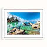 Framed wall art featuring a serene landscape with a lake, surrounded by lush greenery, presented in a white mat and sleek frame, ideal for home decor.