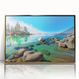 Framed wall art showcasing a serene lake landscape design with vibrant colors and a polished gold frame, ideal for enhancing modern home decor aesthetics.