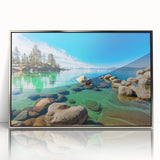 Framed acrylic wall art featuring a serene lakeside landscape design, showcasing vibrant colors and intricate details, ideal for enhancing home decor.