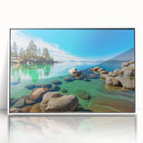 Framed acrylic wall art showcasing a serene lake landscape with vibrant colors and intricate details, designed to enhance any home decor setting.