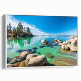Framed canvas wall art showcasing a serene lake landscape with vibrant colors and detailed textures, set against a white background for a modern aesthetic.