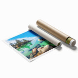 Rolled print showcasing a serene lake landscape with vibrant colors and detailed reflections, ideal for home decor and artistic wall displays. Perfect for nature lovers.