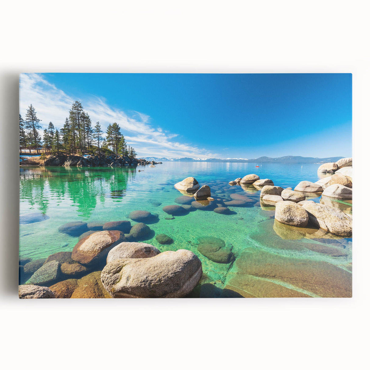 Stretched canvas wall art depicting serene lake landscapes with vibrant colors and intricate details, perfect for enhancing home decor and creating a calming atmosphere.